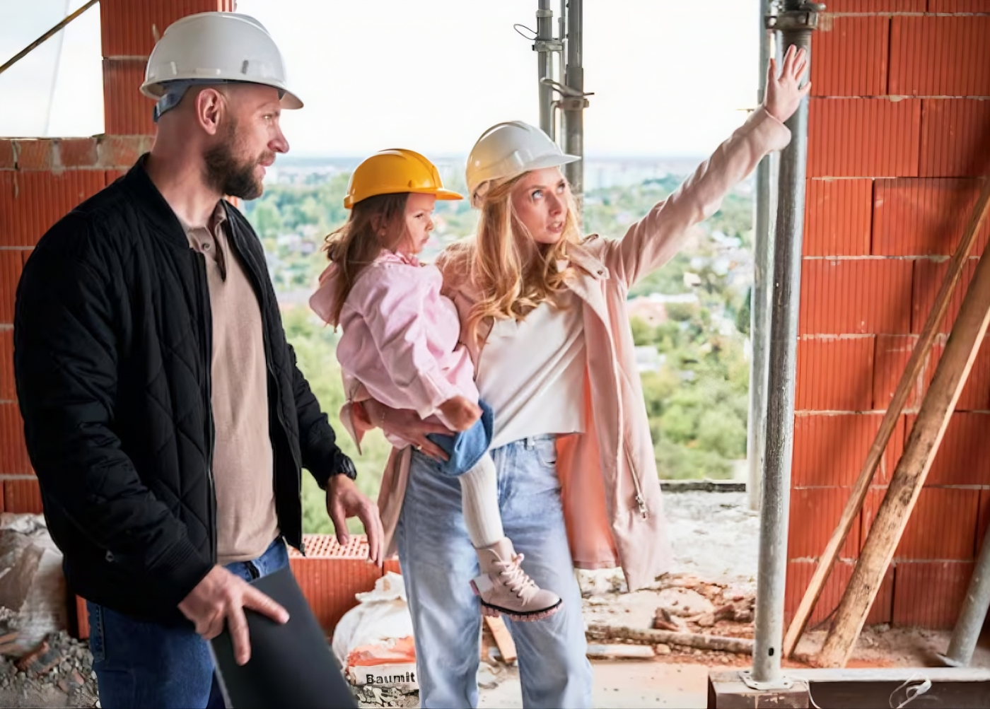 familia en edificio en construcción paredes ladrillo